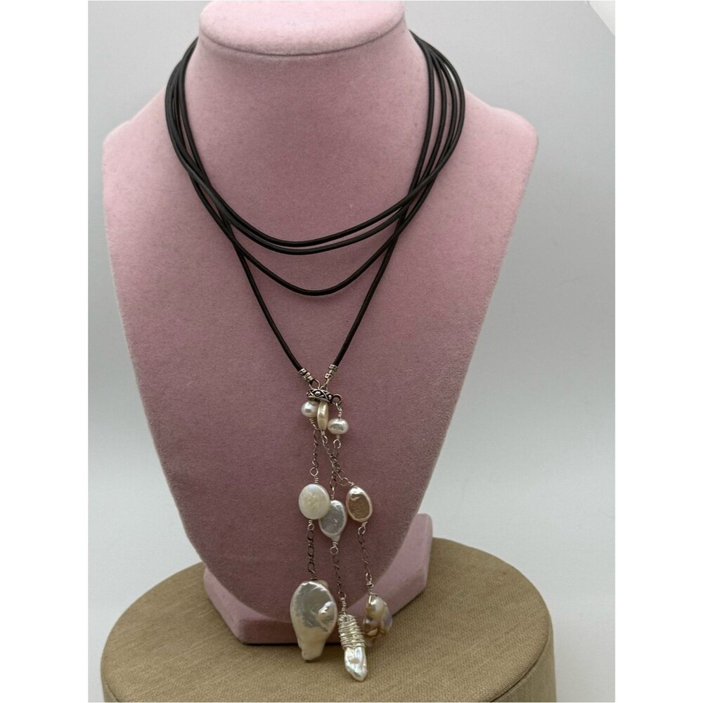 Super long Black Cord Necklace with Pearl Drops